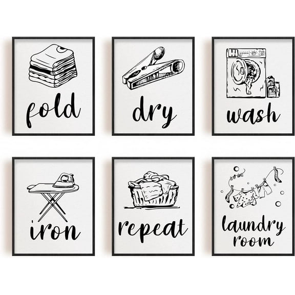6pcs/set Laundry Decor Painting Canvas Wall Art Home Wash Dry Fold Canvas Hanging Painting Cute Patterns Printing Artwork Wall Decoration Painting 7.9x9.8in