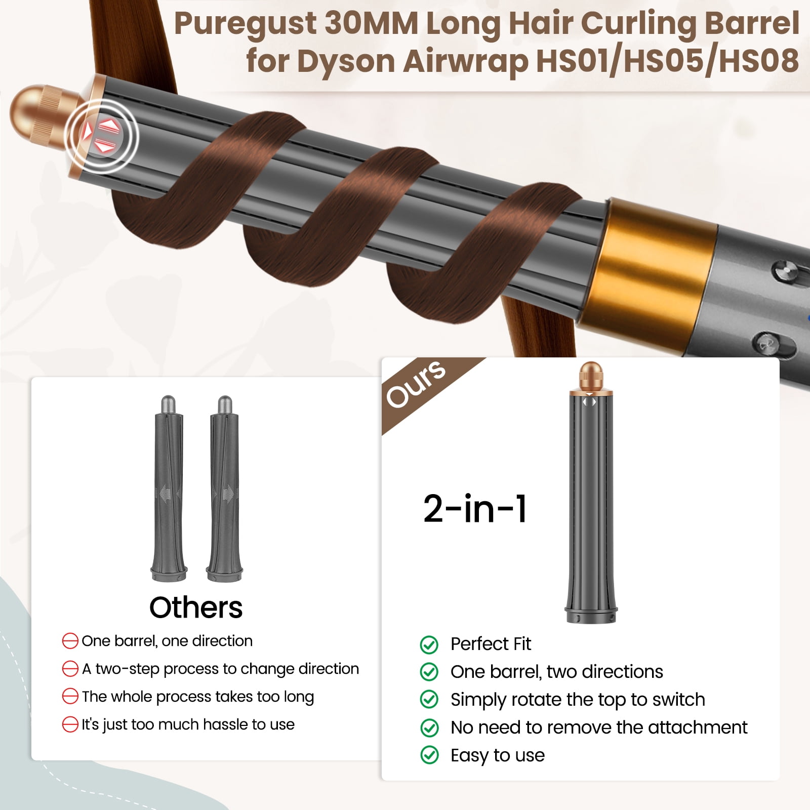 AFDD 1.25 inch Long Barrels Attachment Compatible with Dyson Airwrap Accessories Auto-Wrap Curling Barrels
