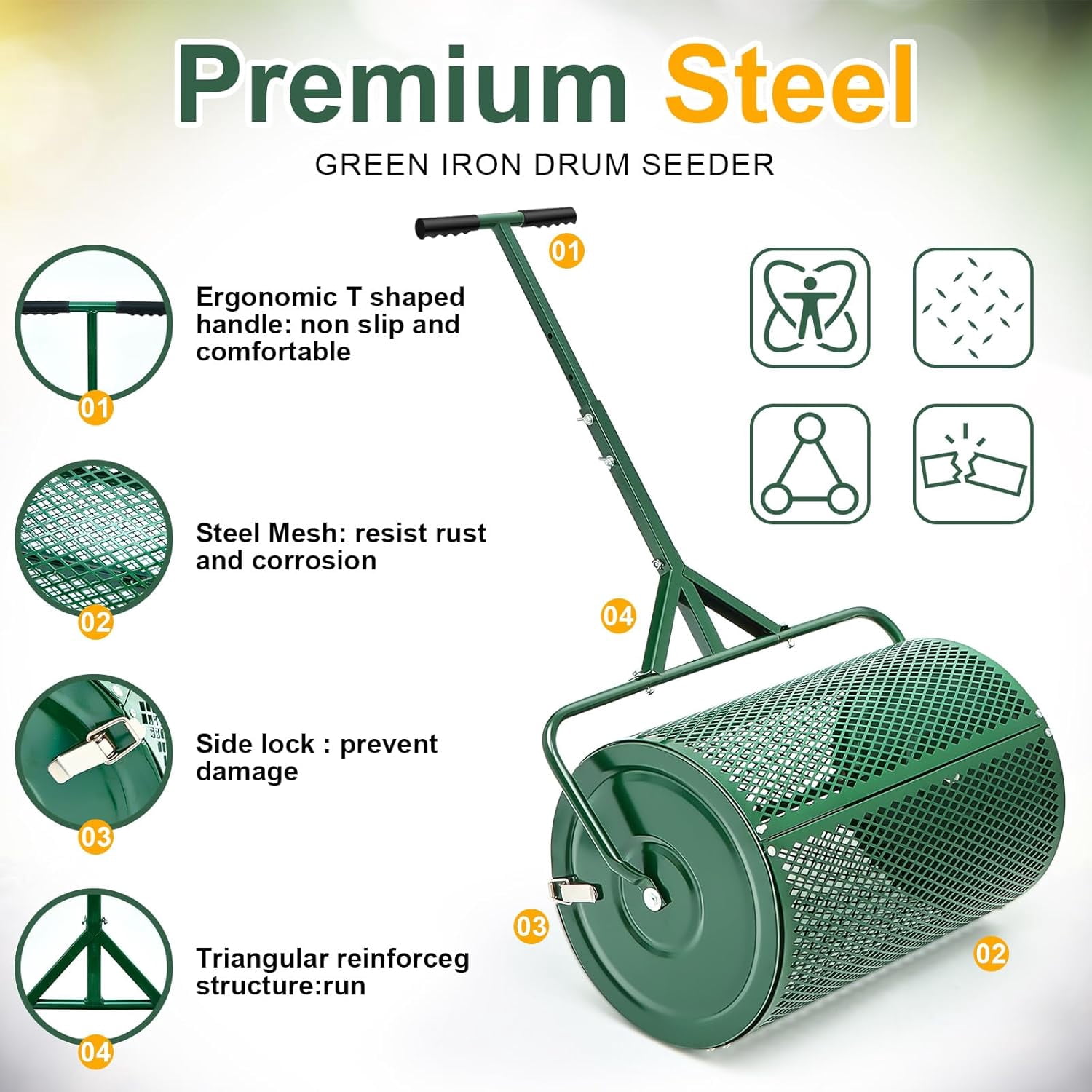 36-inch compost spreader, peat moss spreader, with adjustable handle fertilizer roller, lightweight metal mesh for lawn garden spreading fertilizer topsoil (green)
