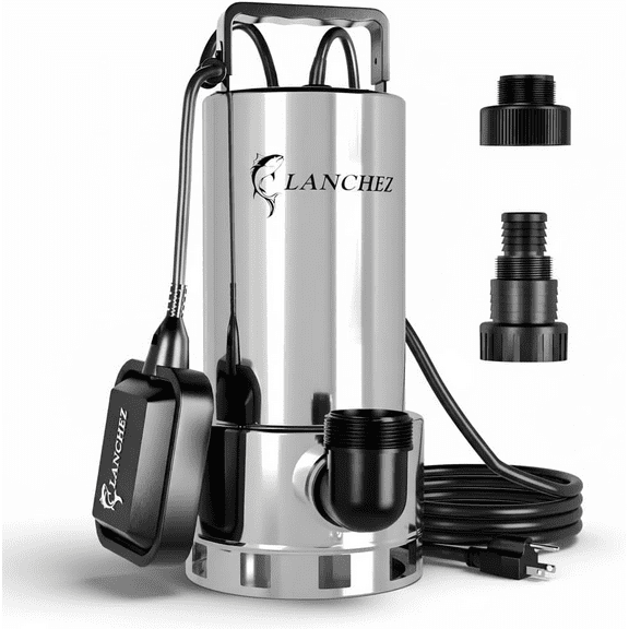 LANCHEZ 1.6HP Stainless Steel Sump Pump, 6000GPH High Flow Submersible Water Pump with Float Switch, Automatic Transfer Water Pump for Pool Basement Flooded Pit Sewage Sink Tub with 16FT Cord