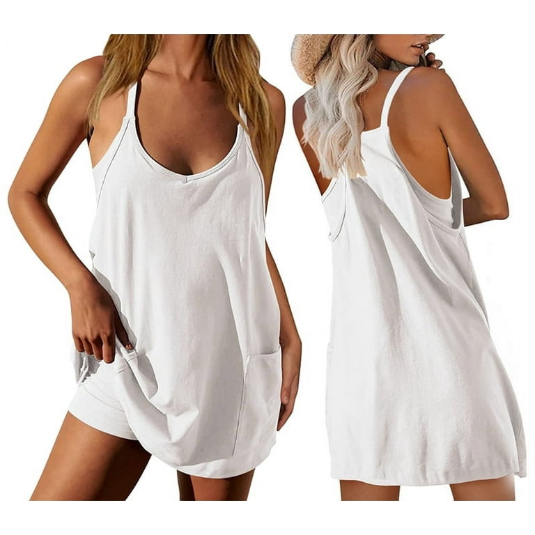 Womens Workout Romper Dress with Shorts Underneath Sleeveless Spaghetti  Straps Athletic Outfits Casual Vacation White L - Walmart.com
