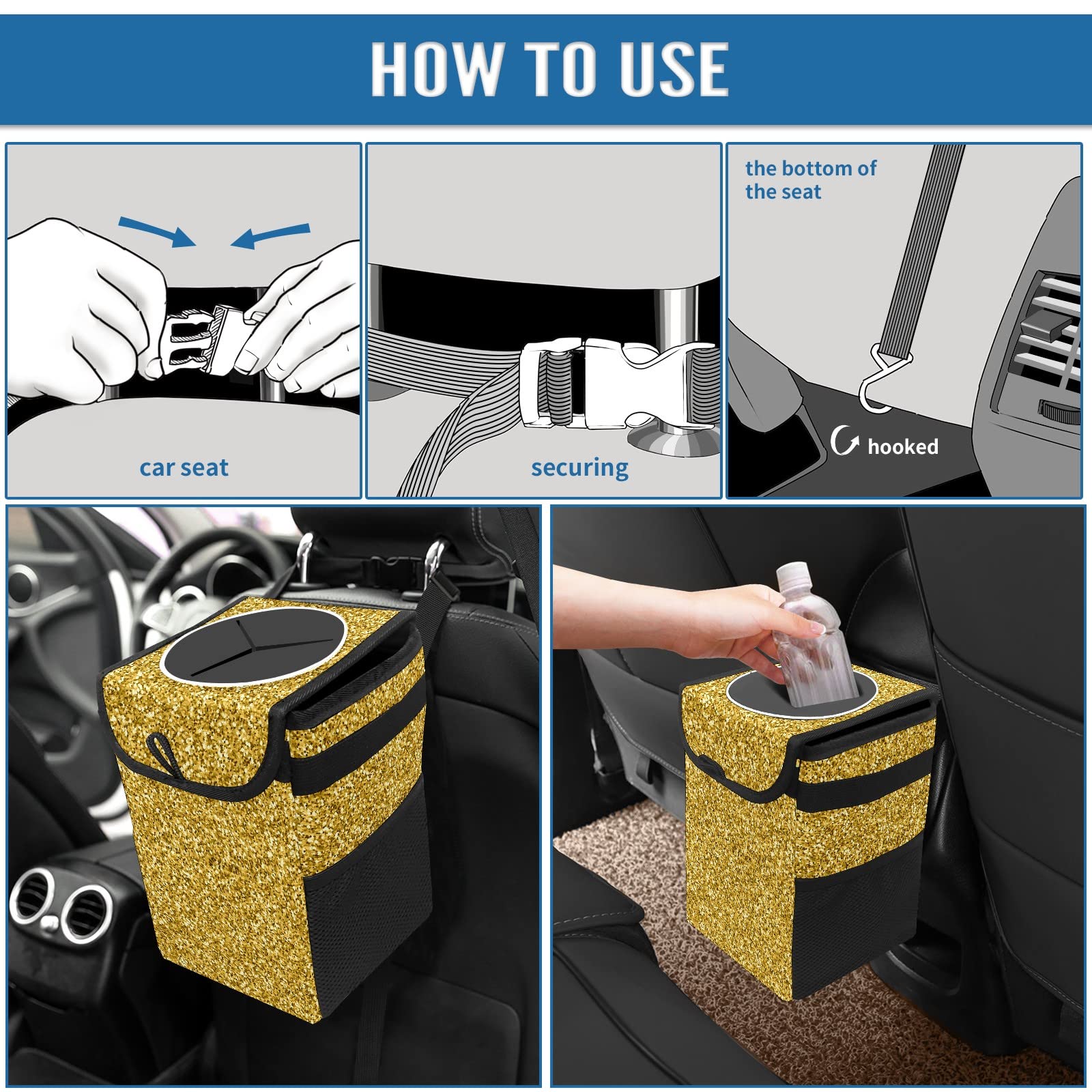 MSINMKOK Red Glitter Car Trash Can With Lid - Collapsible Waterproof Auto Garbage Bag & Organizer - View #11