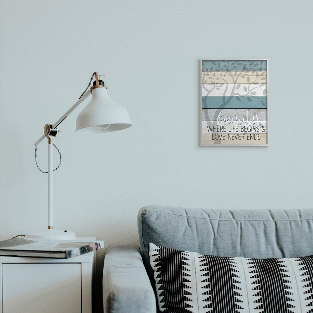 Stupell Industries Family Begin and End Quote Tree Wood Grain Blue Tan Phrase Framed Wall Art Design by Kim Allen, 11" x 14", Gray Framed