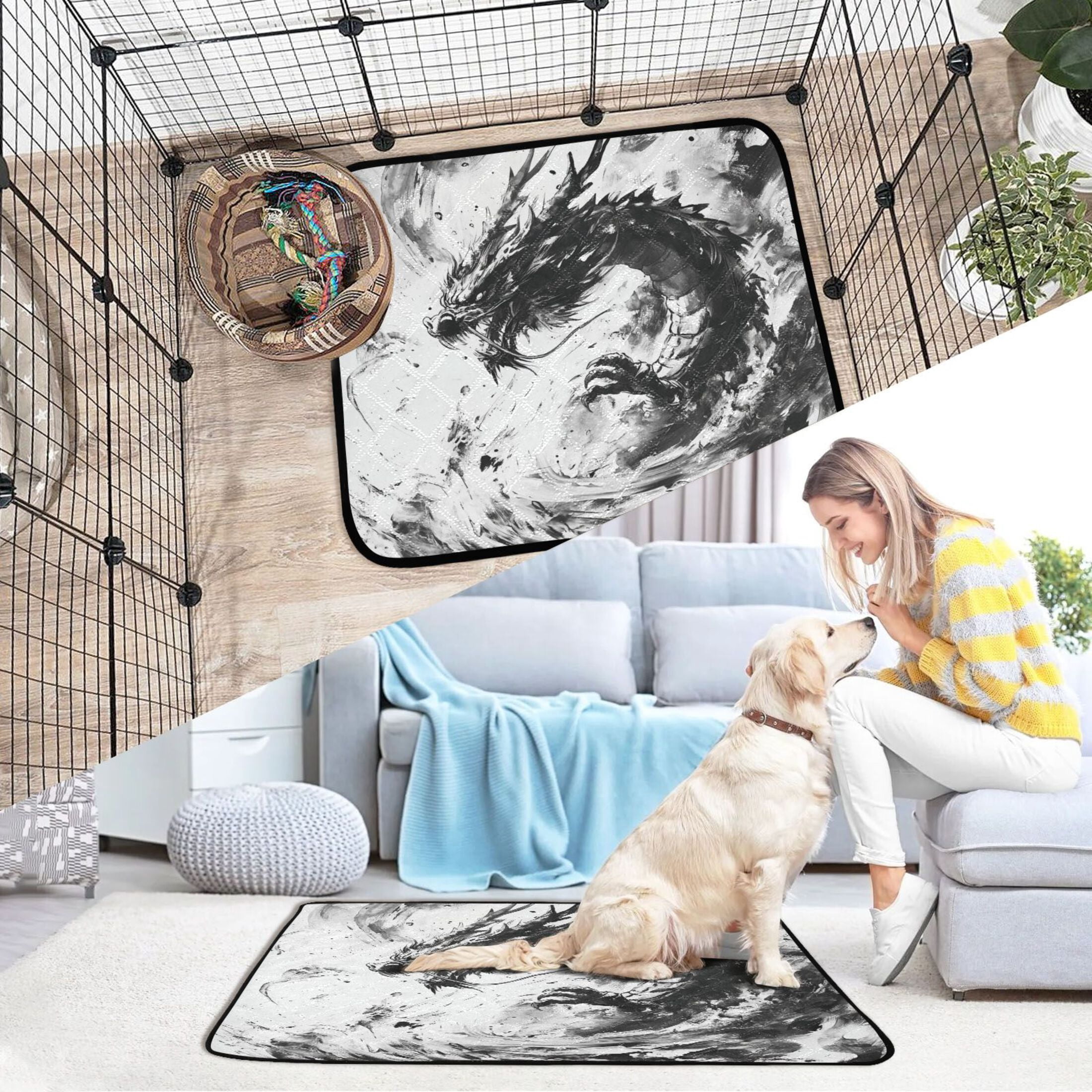 Qxltty Black Dragon Cat litter Pads Pet Set of 3 Diaper Mats Center Anti-leakage Layer Absorbent Soft and Comfortable
