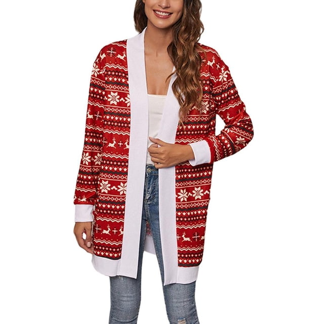 Cardigan de Noël à Col Ouvert pour Femmes, Manches Longues, Tricoté, P-2TG