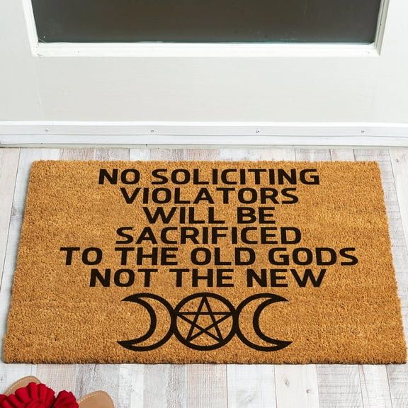 Funny Welcome No Soliciting Violators Will Be Sacrificed Decor Doormat Welcome Front Porch Decor Doormat for The Entrance Way Heavy-Duty PVC Back Outdoor Coir Doormat 23.6 x 15.7 inch