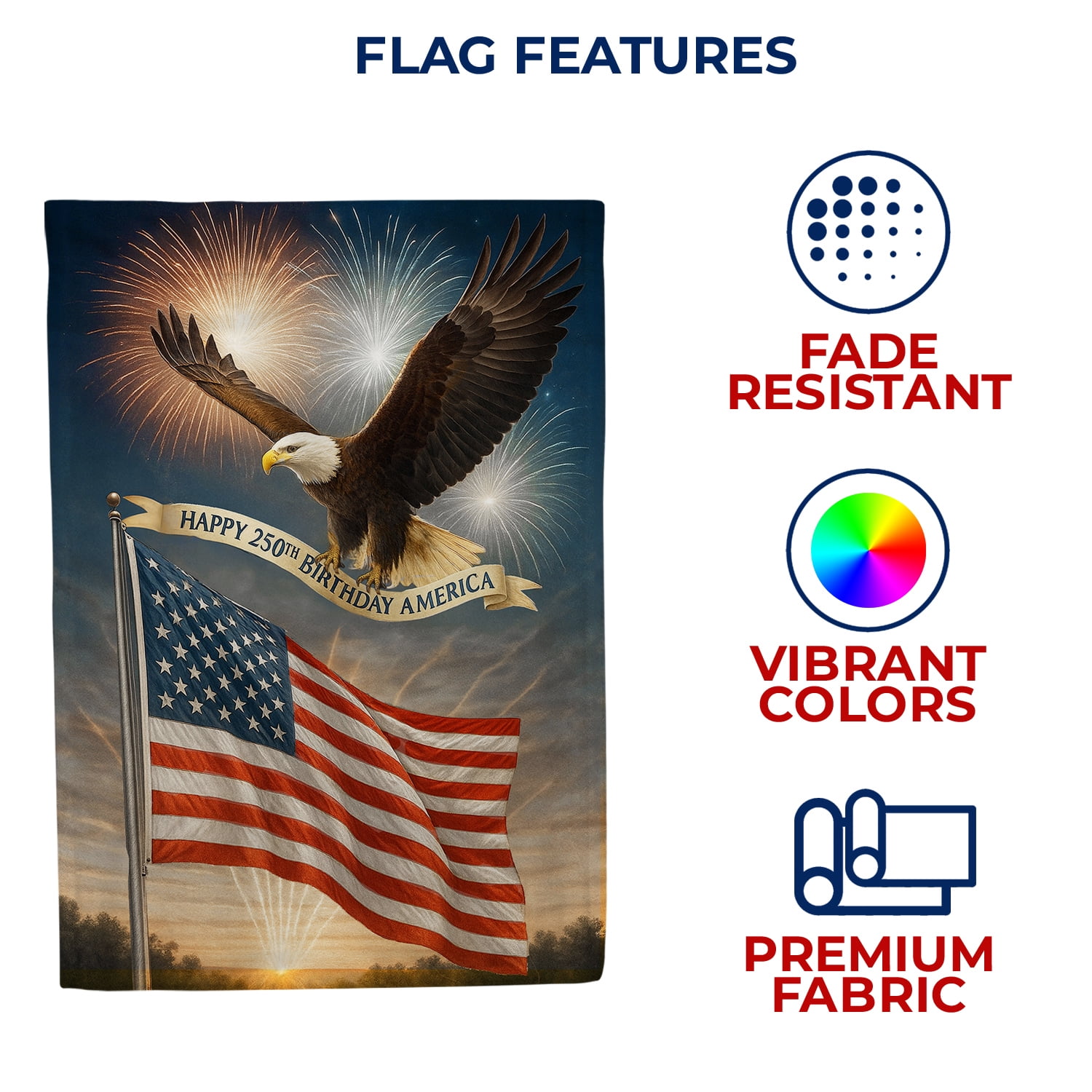 America Forever Happy 250th Birthday America House Flag, 28 x 40 inch Double Sided, Bald Eagle American Flag Fireworks, USA Semiquincentennial Patriotic Celebration