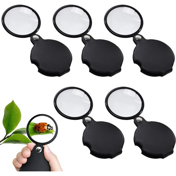 Mini lupa de bolsillo con lupa de lectura de 5 piezas, mini lupa plegable de 50 mm, mini lupa de bolsillo de goma suave antideslizante para lectura de clases de ciencias y pasatiempos, negro