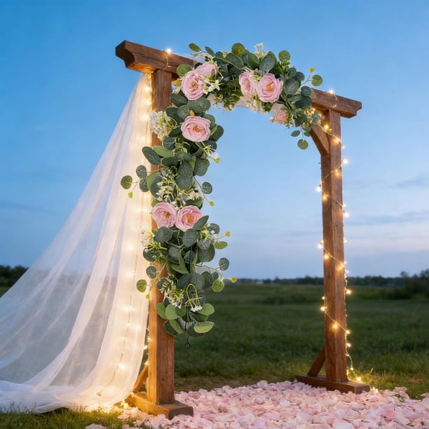 Guirnalda de eucalipto con flores artificiales, enredaderas artificiales, guirnalda de rosas artificiales para Día de Madre, fondo de fiesta