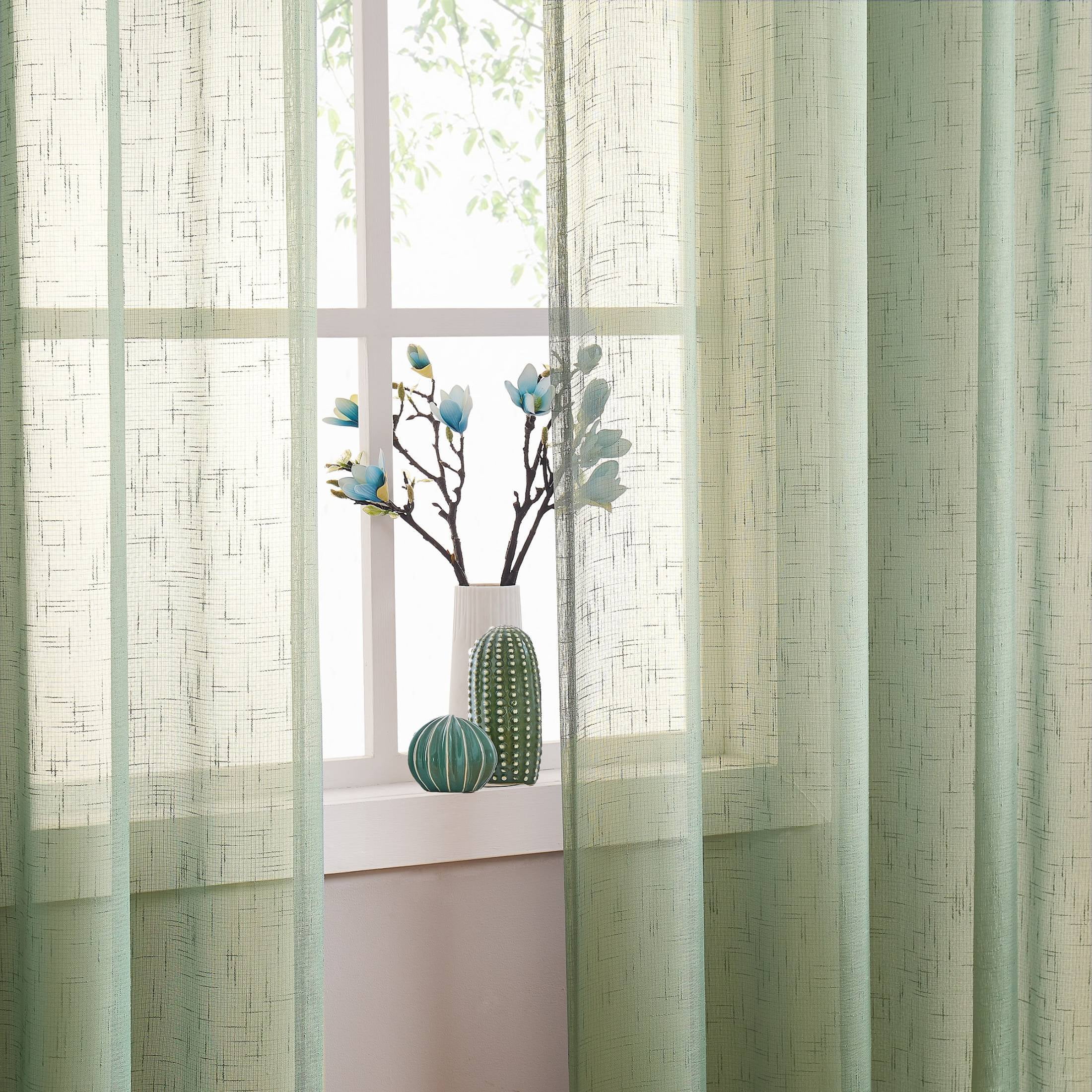 AZZCIA Sage Sheer Curtain Panel for Living Room with Grommets Linen Texture Rustic Window Drap Sets for Bedroom Room (Green, 54"x63", 2 Panels )
