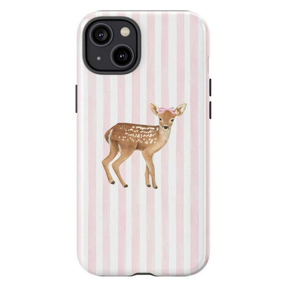 Cute Bambi Deer iPhone Case, Pink Striped Pastel Aesthetic Animal Phone Cover, Soft Woodland Kawaii Design for iPhone 16 15 14 13 12 11 Pro Max Plus Mini