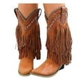 thumbnail image 3 of Kcodviy Bottes pour Femmes Décontractées Rétro à Franges Talon Moyen Mi-Mollet, 3 of 3