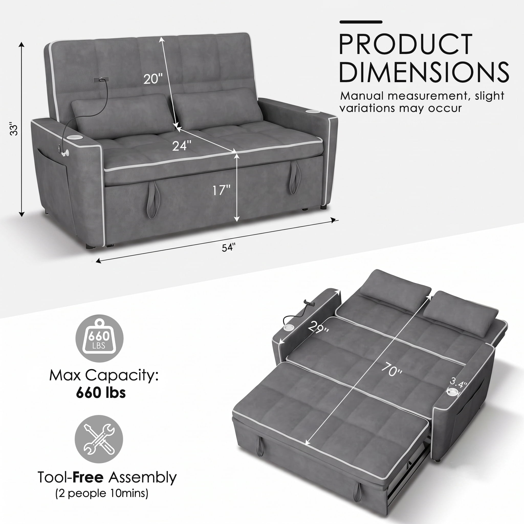 AISWORD 54" Convertible Sleeper Sofa Bed, Pull Out Loveseat Couch with USB Port, Phone Holder & Cup Holder, Adjustable Backrest for Apartment, Living Room, Office, Dark Gray