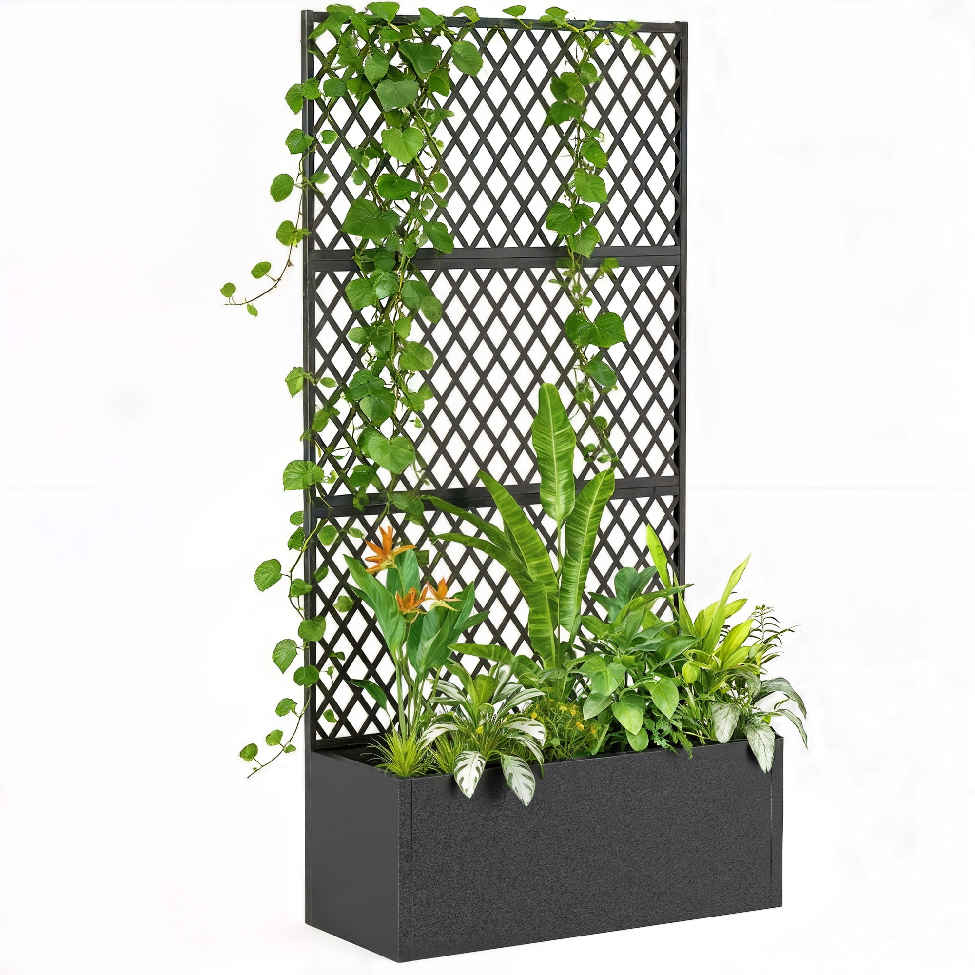Outsunny Metal Planter Box with Trellis, Raised Garden Bed with Trellis Privacy Screen for Climbing Plants, Diamond Lattice Privacy Planter