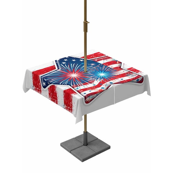 Outdoor Tablecloth with Umbrella Hole for Patio/Picnic/Party/Camping, Patriotic USA Flag Waterproof Table Cloth Square Cover Washable, Independence Day Firework Red Striped (54"x 54")