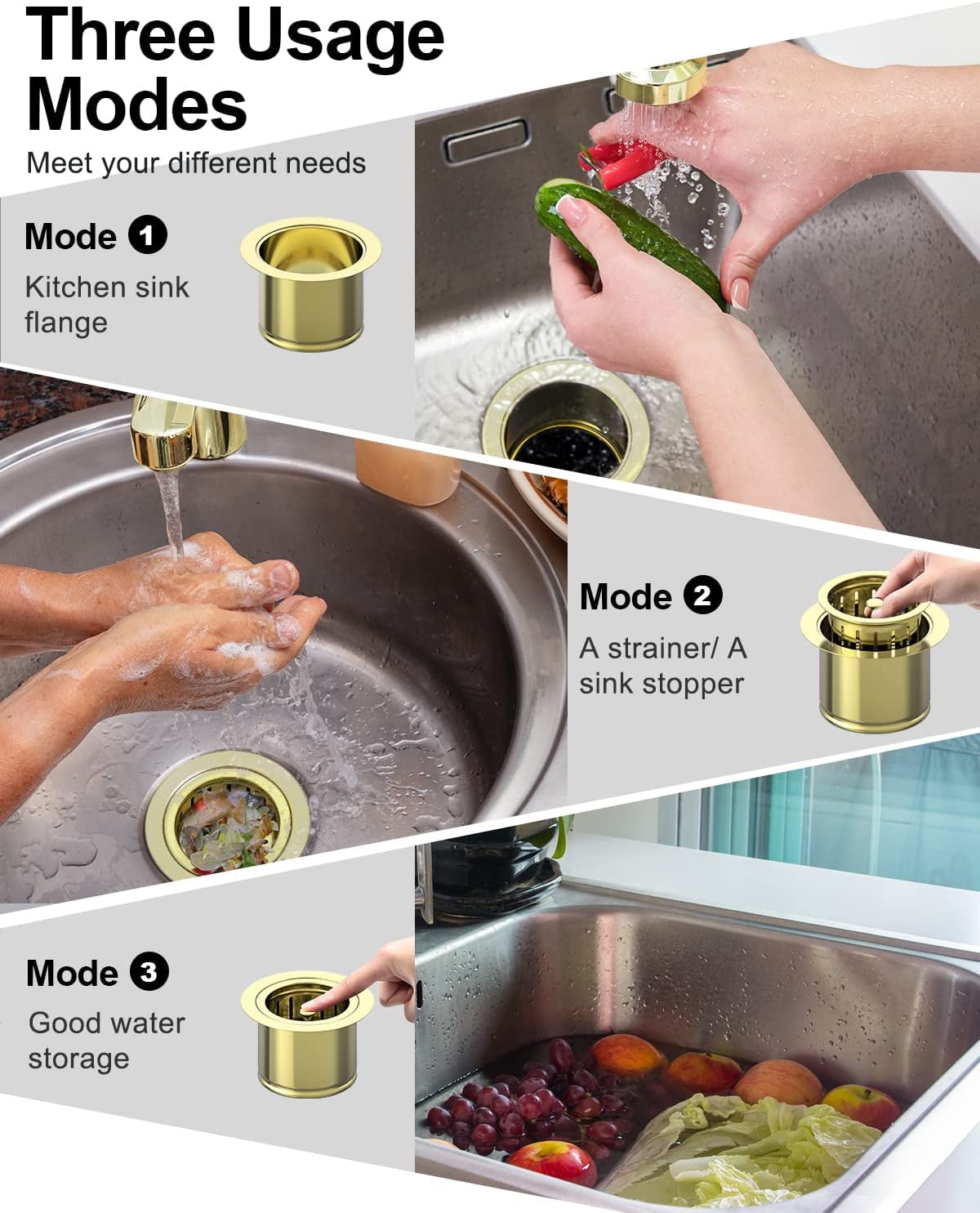 Extended Garbage Disposal Flange Basket Strainer Stopper, Deep 304 Stainless Steel Kitchen Sink Flange Stopper for 3-1/2 Inch Standard Sink Drain Hole, Bright Gold Deep Sink Disposal Strainer