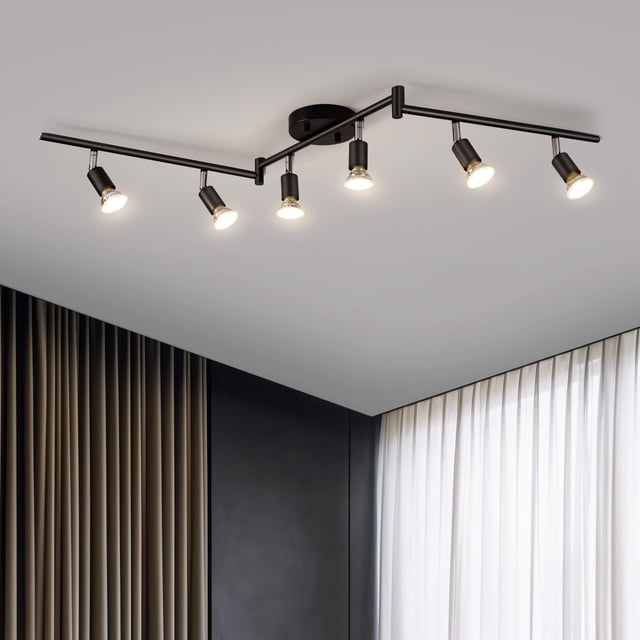 Bojim 6 Light LED Track Lighting Kit, Ceiling Spot Lighting with Adjustable Light Heads & Foldable Light Arms, Matte Bla