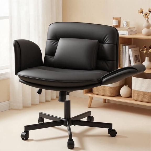 Homall Cross Legged Chair with Armrests and Wheels, PU Leather Vanity Chair, Adjustable Swivel Computer Office Chairs for Home Office, Make Up, Black