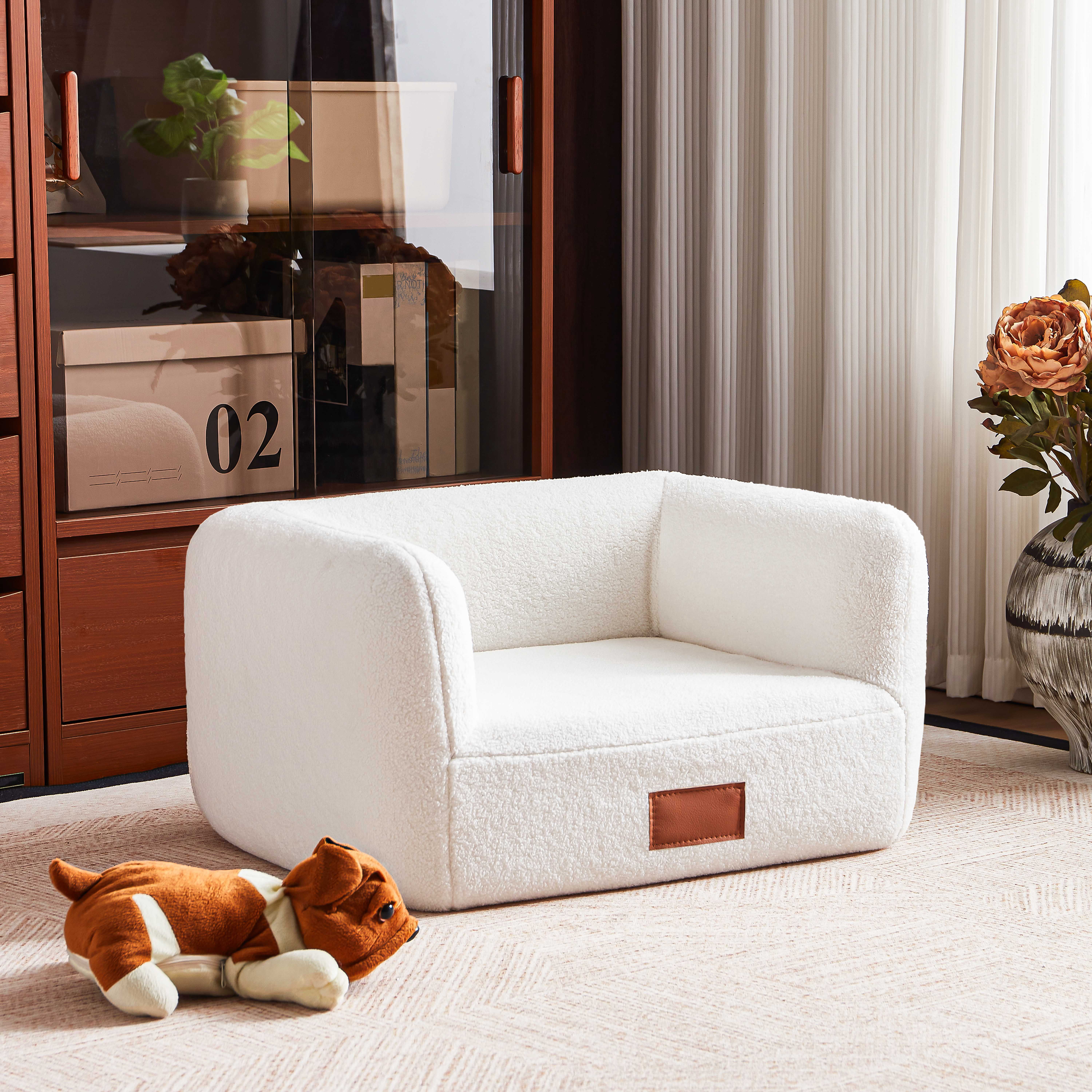 Faux Shearling Dog Bed Couch for Small Medium Dogs up to 35lbs, No Assembly Orthopedic Elevated Pet Sofa Bed, Furniture Style Comfy Dog Couch Bed, White