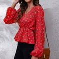 thumbnail image 3 of Print V Neck Wrap Top Lantern Long Sleeve Ruffle Hem Women Floral Print Wrap Blouse for Female Small Bouquet of Flowers On Red Background L, 3 of 6
