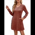 thumbnail image 2 of Vestido Tipo Suéter de Punto de Larga para Mujer, Estilo Túnica Informal con Cuello en V, Conjuntos de Moda para Otoño. Color Chocolate XXL, 2 of 7