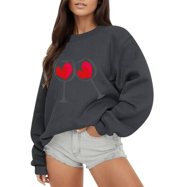Wyzesi Chandails pour Tout-Petits Fille Rouge Mode Femme Extérieur Saint-Valentin Amour Imprimé Ample Uni Col Rond Manches Longues Chandail à Capuchon 10