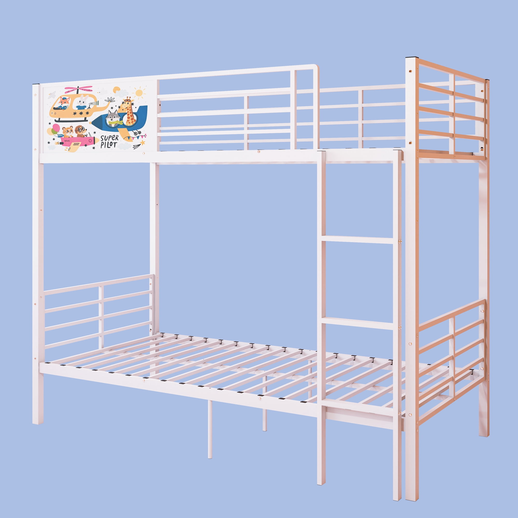 Convertible Metal Bunk Bed Separates into 2 Twin Size Beds, Heavy Duty Frame with Full-Length Guardrail and Ladder, No Box Spring Needed, White