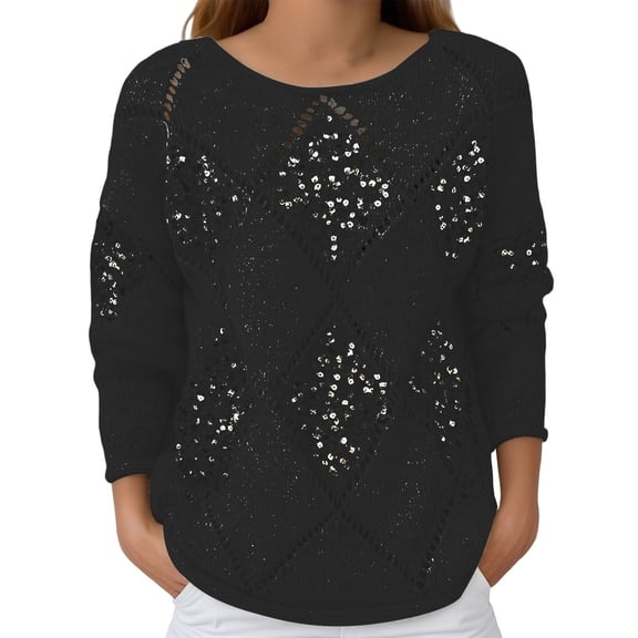 CAIXIA Sequins Tops for Women Argyle Sweater Fall Winter Knit Shirts Crewneck Long Sleeve Loose Pullover Top Party Clubwear