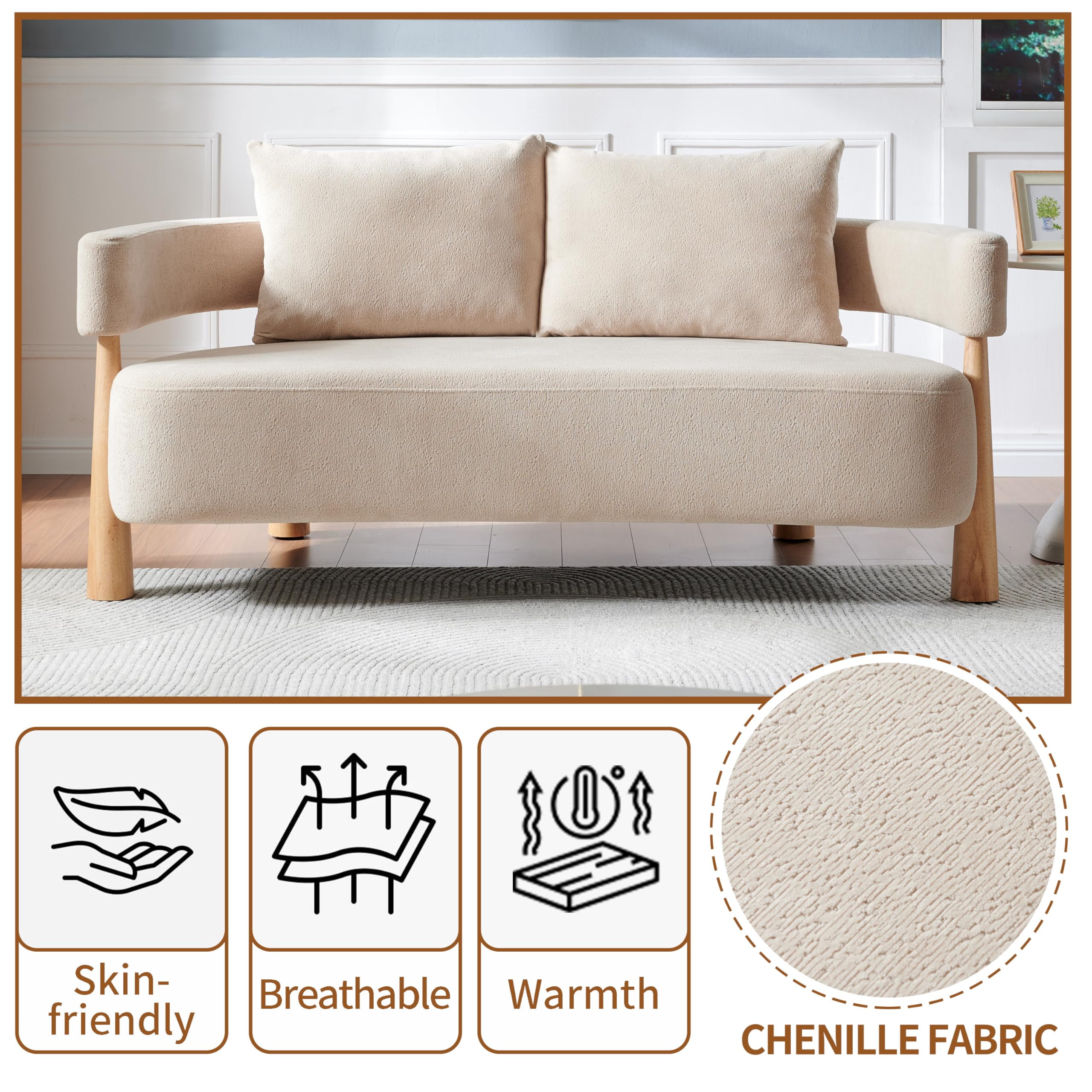 Loveseat Sofa with High-Resilience Cushions, Ergonomic Design with Arched Arms, Sturdy Hardwood Legs, Soft Velvet Upholstery, Includes Floor Protection Pads, Easy Assembly, Pebble