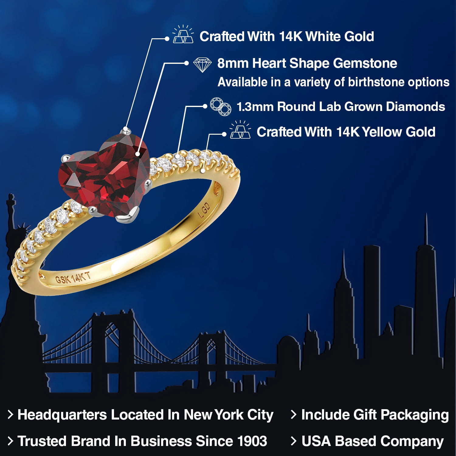 Gem Stone King 14K Two Tone Gold Red Garnet and Lab Grown Diamond Engagement Ring for Women | 2.16 Cttw | Heart Shape 8MM | Gemstone January Birthstone | Available in Size 5,6,7,8,9