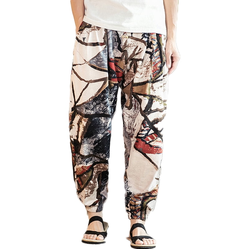 Mens Cotton Linen Ethnic Baggy Floral 