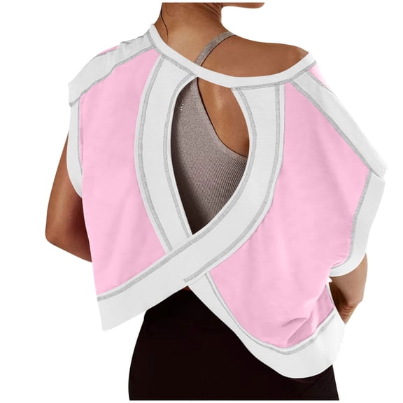 Anqov T Shirts for Women, Solid Color Edging Short Sleeve Workout Shirts Open Back Tops, Daily Fitness Casual Yoga Athletic Gym Slouchy Crop Running Tees