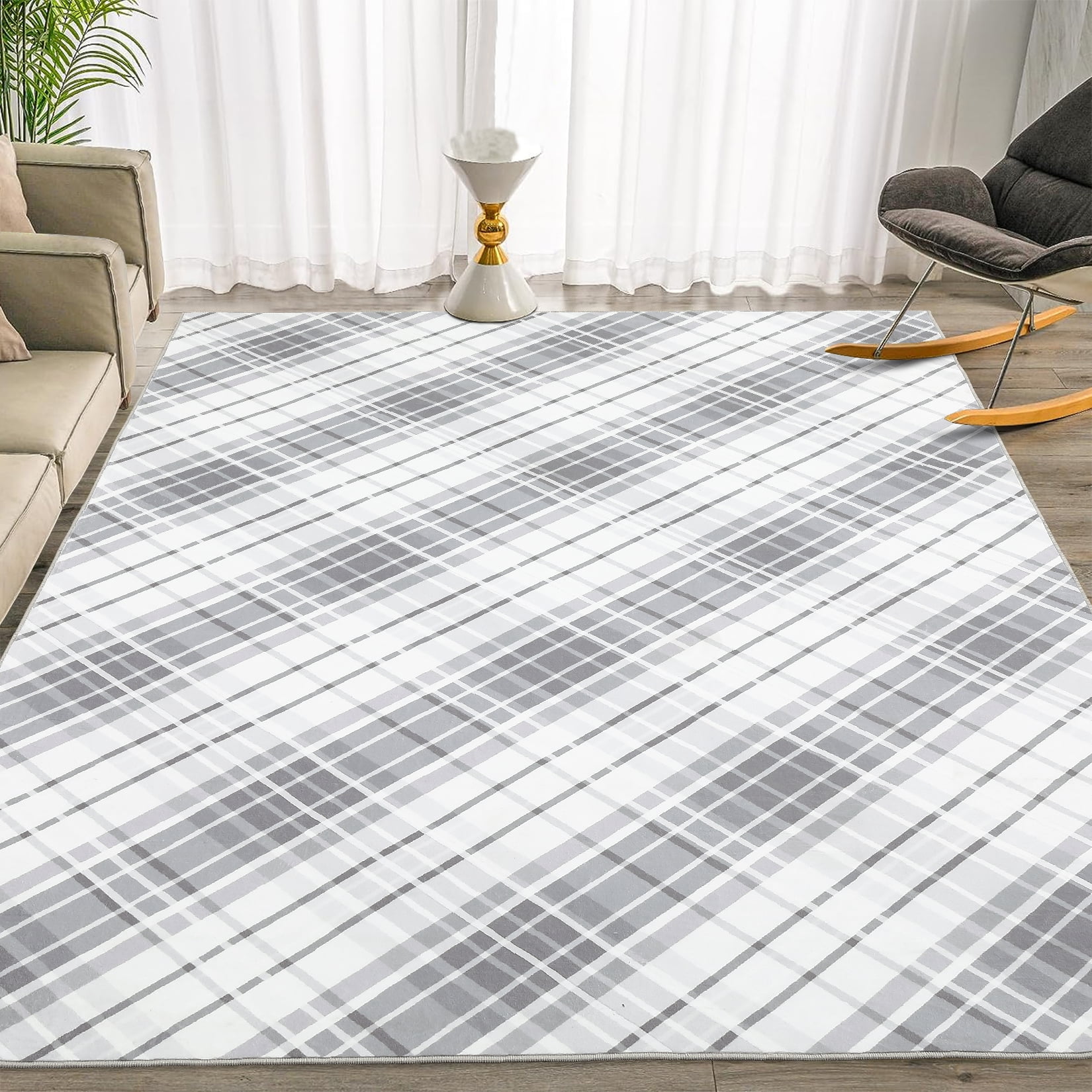 FairOnly Large Low Pile Stain Resistanta Area Rug for Living Room Bedroom 9' x 12' Plaid Design Area Rug, Light gray
