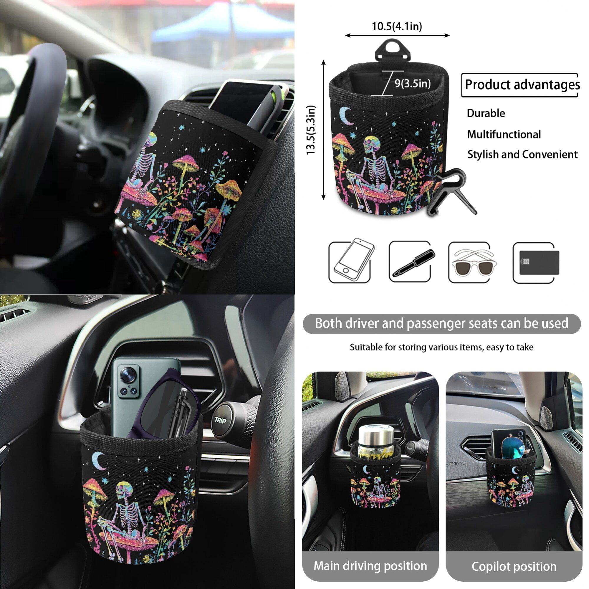 LedBack Skeleton Mushroom Print Auto Seat Covers Set Star Moon Print Front Back Seat Covers Steering Wheel Cover Seatbelt Pads Rearview Mirror Cover Trash Bag Universal Fit Most Cars