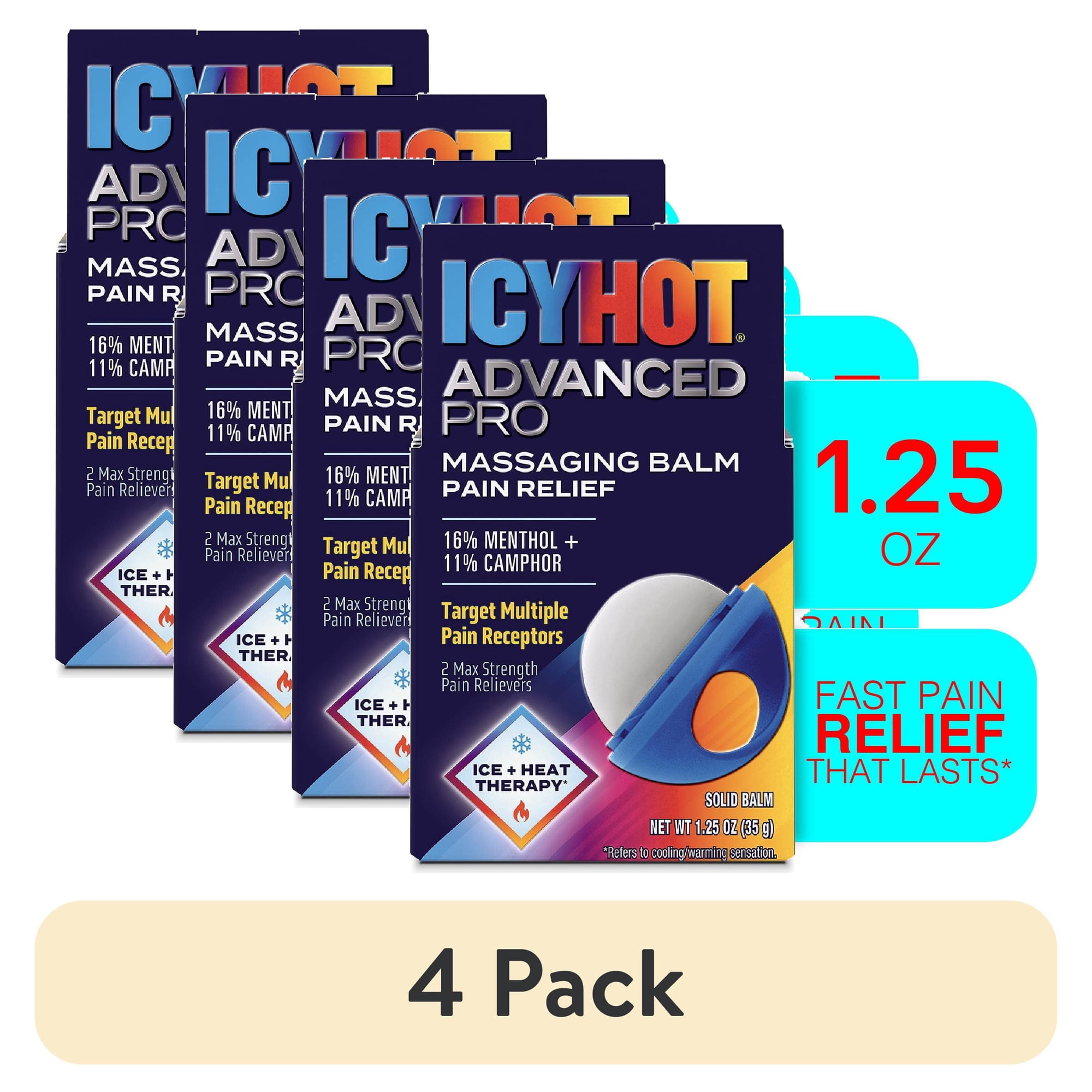 (4 pack) Icy Hot Advanced PRO Pain Relief Massaging Balm, Fast-Acting Max Strength Pain Relief With Menthol 16% and Camphor 11% for Backaches, Joints, Muscle Strains and Arthritis, 1.25 oz