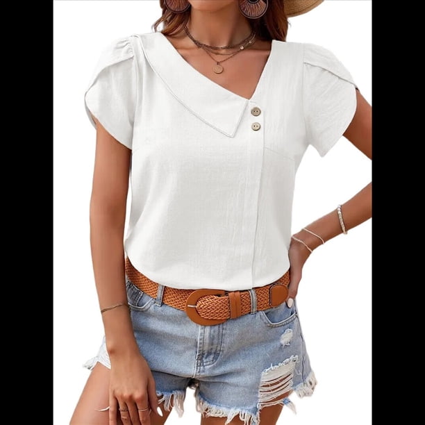 Blusas de para Mujer, Blusas Informales con Cuello para Negocios, Blusas con Mangas Abullonadas, Ropa de Trabajo Holgada de Verano. L