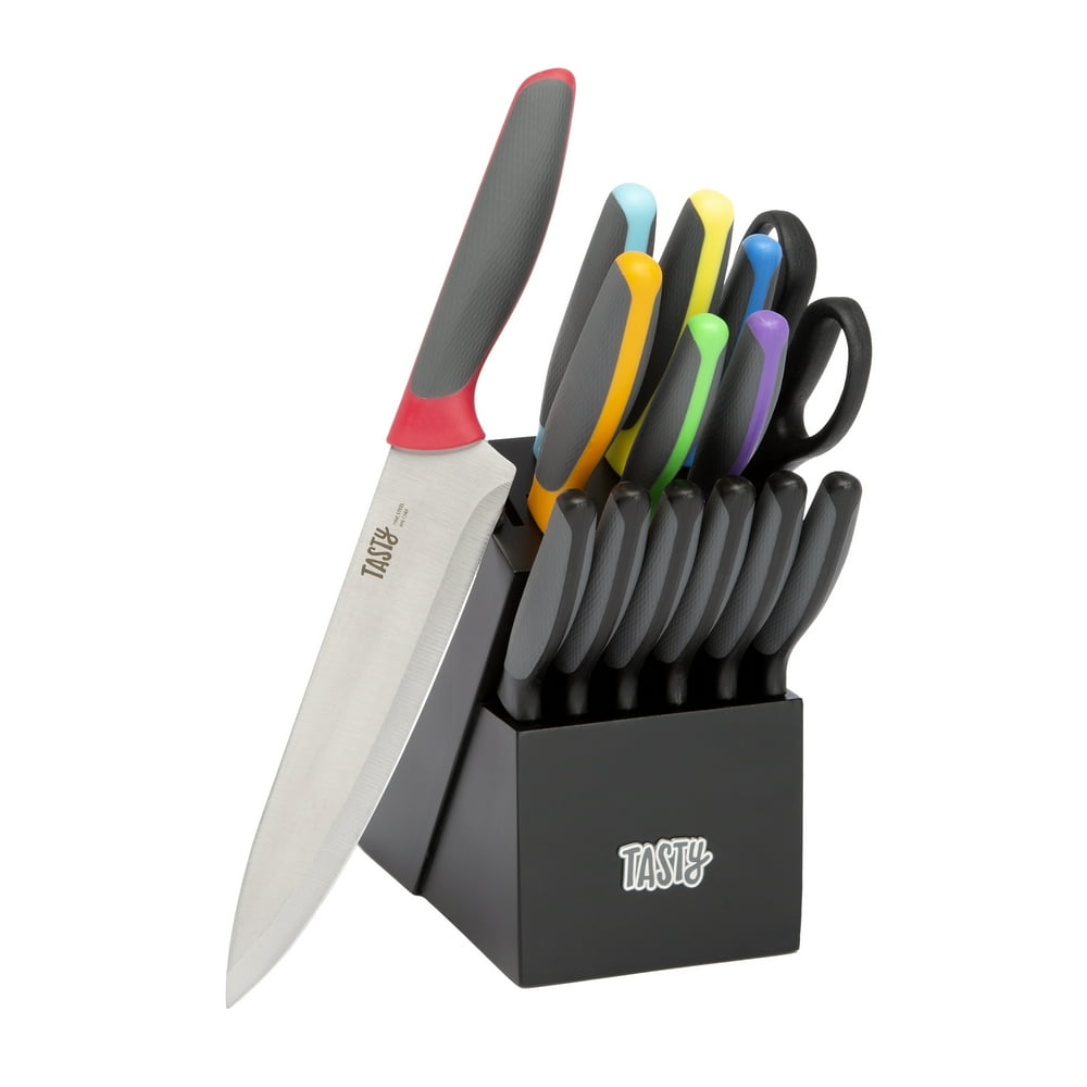 Tasty 15 Piece Stainless Steel Block Knife Cutlery Set, Multicolor