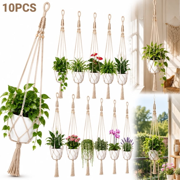 10-Pack Macrame Plant Hangers, 40 Inch Jute Rope Hanging Baskets for Indoor Outdoor Garden Decor, Plant Holder for Pots, Boho Home Wall Decoration