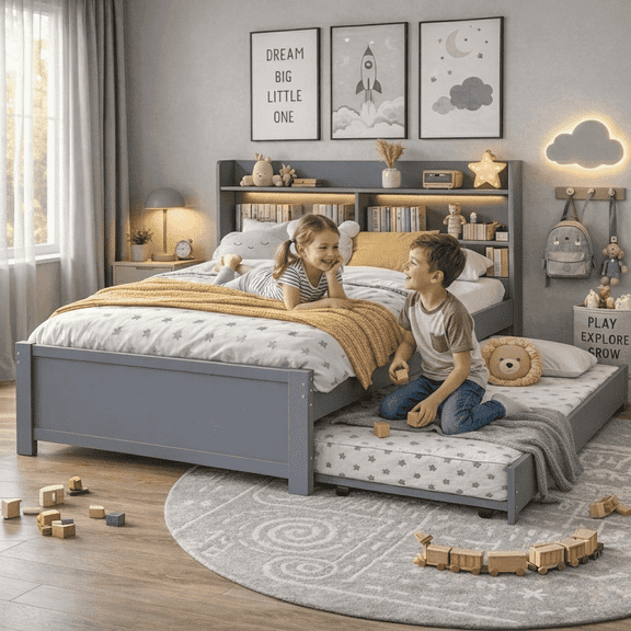 UHOMEPRO Twin Bed Frame with Pull-Out Trundle and Bookcase Headboard, Storage Bed for Shared Rooms and Small Bedrooms, No Box Spring Needed, Gray