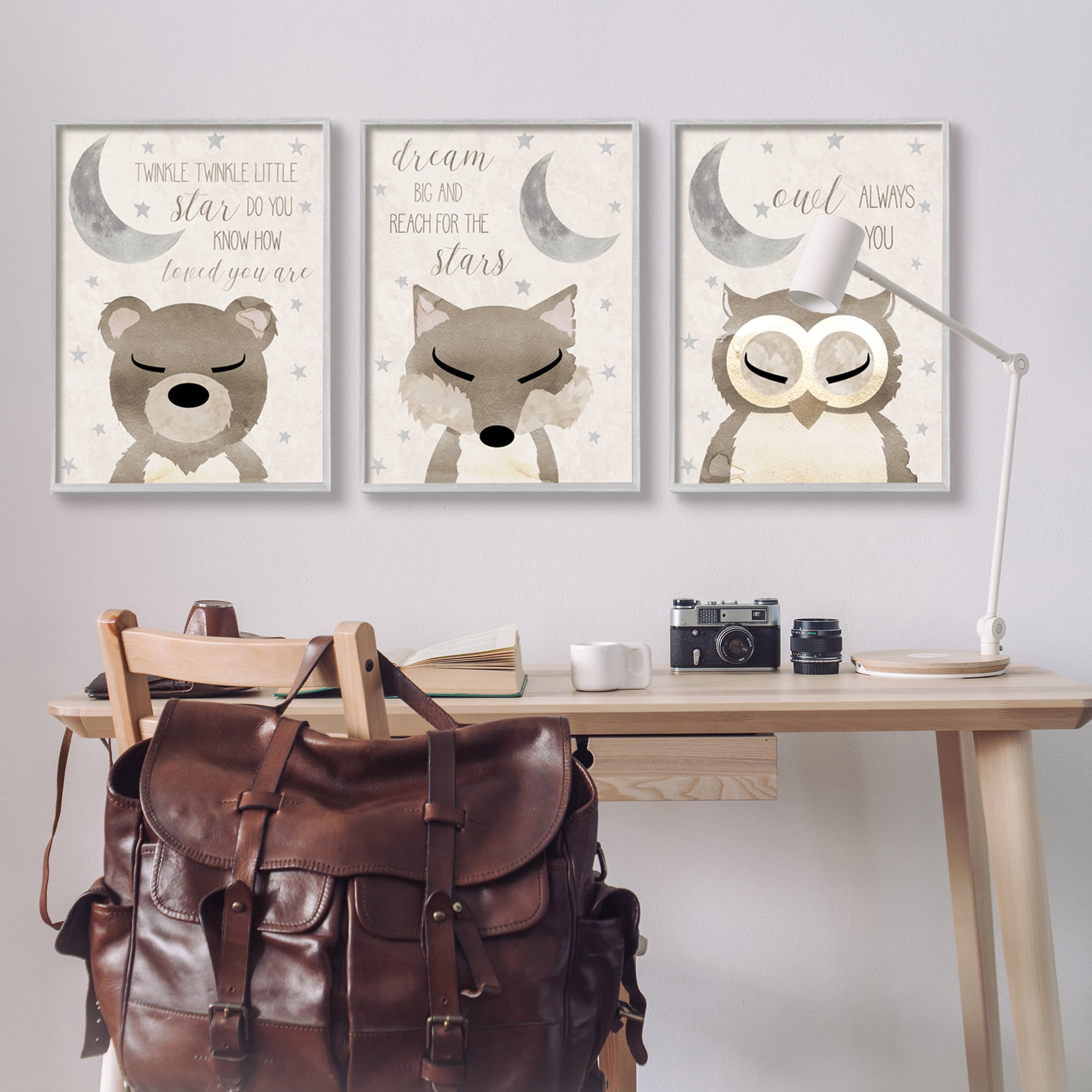 Stupell Industries Nighttime Animals & Lullabies Animals & Insects Painting Gray Framed Art Print Wall Art, 24 x 30, Set of 3