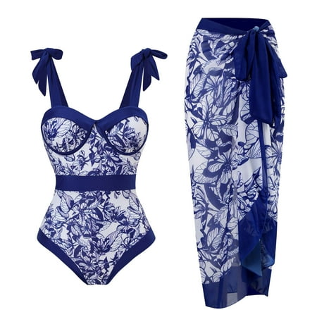 One Piece Swimsuit for Women with Cover Ups Two Pieces Push Up Bathing Suits Floral Printed High Cut Vintage Swimwear Blue XL Clearance
