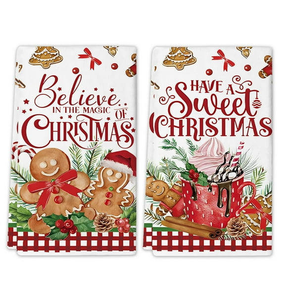Merry Christmas Cute Gingerbread Man Kitchen Dish Towel Set of 2, Winter Polyester Hand Drying Baking Cooking Cloth, Holiday Xmas Home Decoration 16 x 27.5 inch