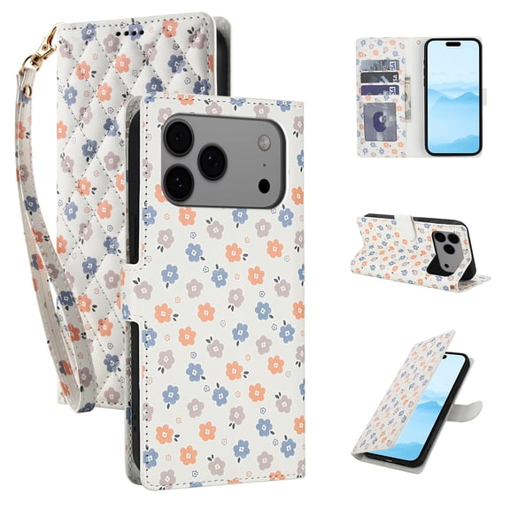 for iPhone 17 Pro Wallet Case Women Girls, Cute Floral Pattern PU Leather Flip Phone Cover with Card Holder, Kickstand, Wrist Strap, Protective Purse Case for iPhone 17 Pro, Pattern-B