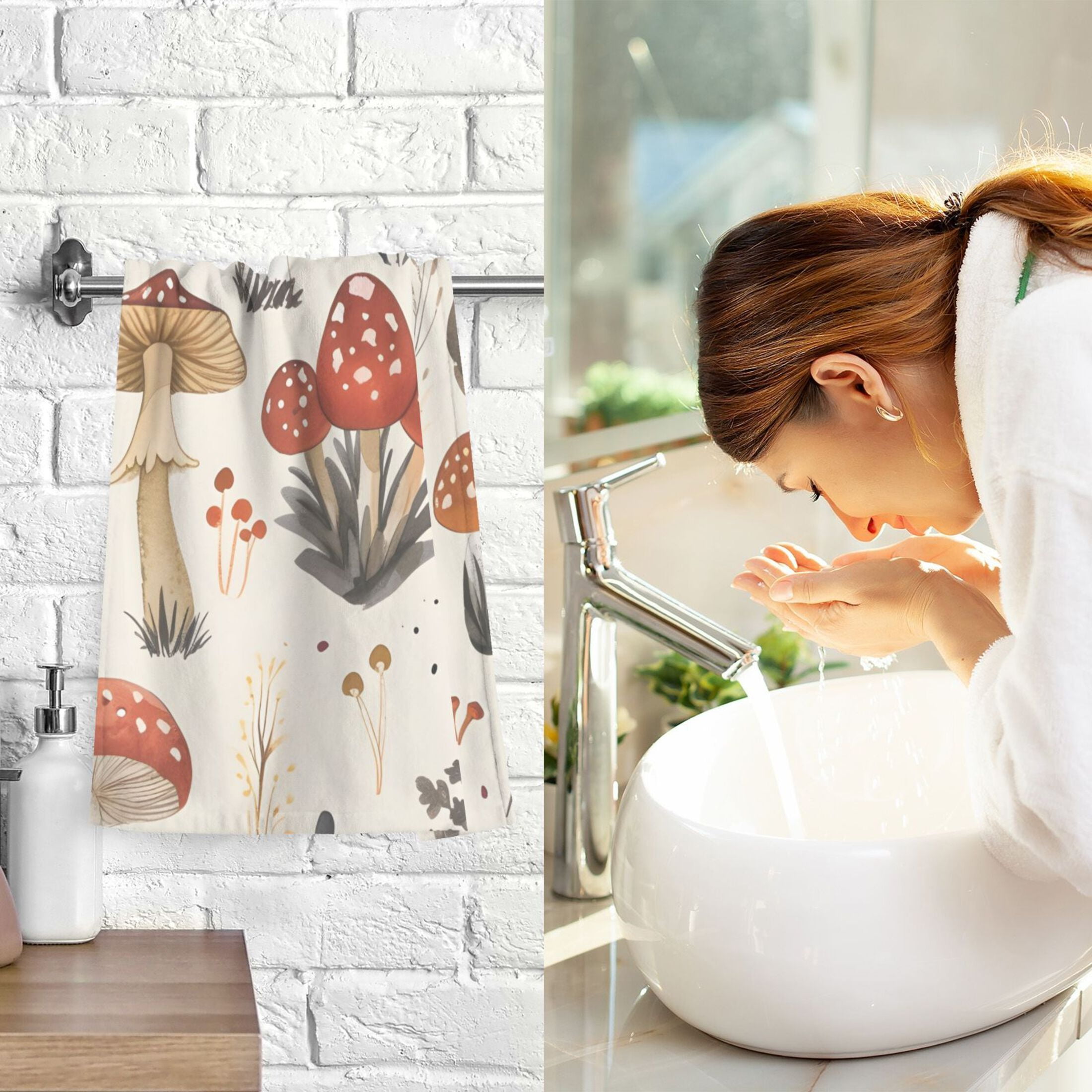2 Pcs Hand Towel Set Mushroom Fallen Leaves Cotton Absorbent Soft Face Towels 400 GMS Bath Towels for Bathroom Kitchen Shower Hotel Decor 16"x28"