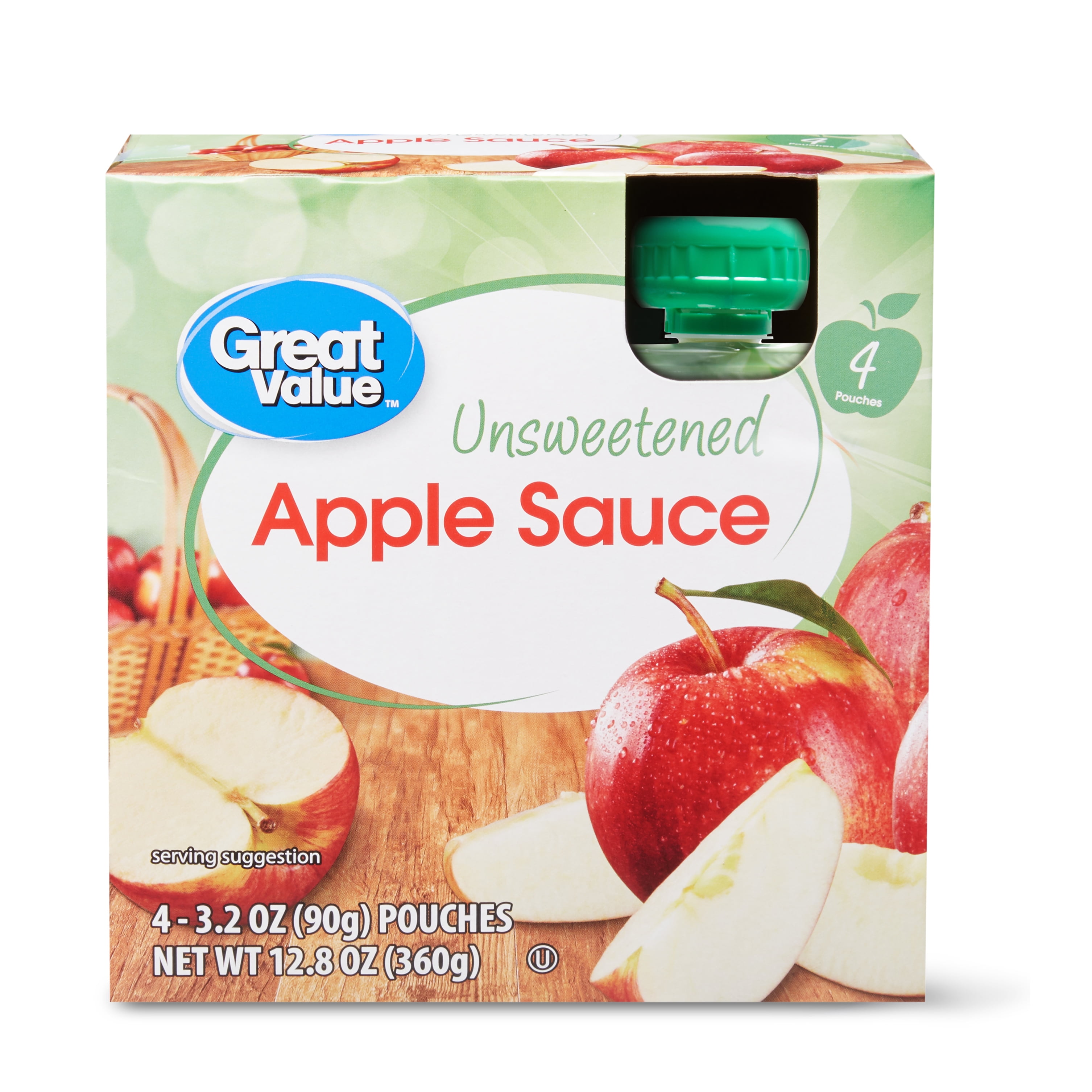 Great Value Applesauce Pouches, Unsweetened, 3.2 oz, 4 Ct