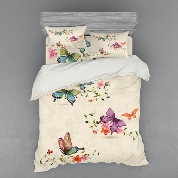 Butterfly Duvet Cover Set, Butterfly Pattern on Vintage Style Background Wings Moth Transformation, Bedding Set with Shams and Fitted Sheet, 3 Sizes, by Ambesonne