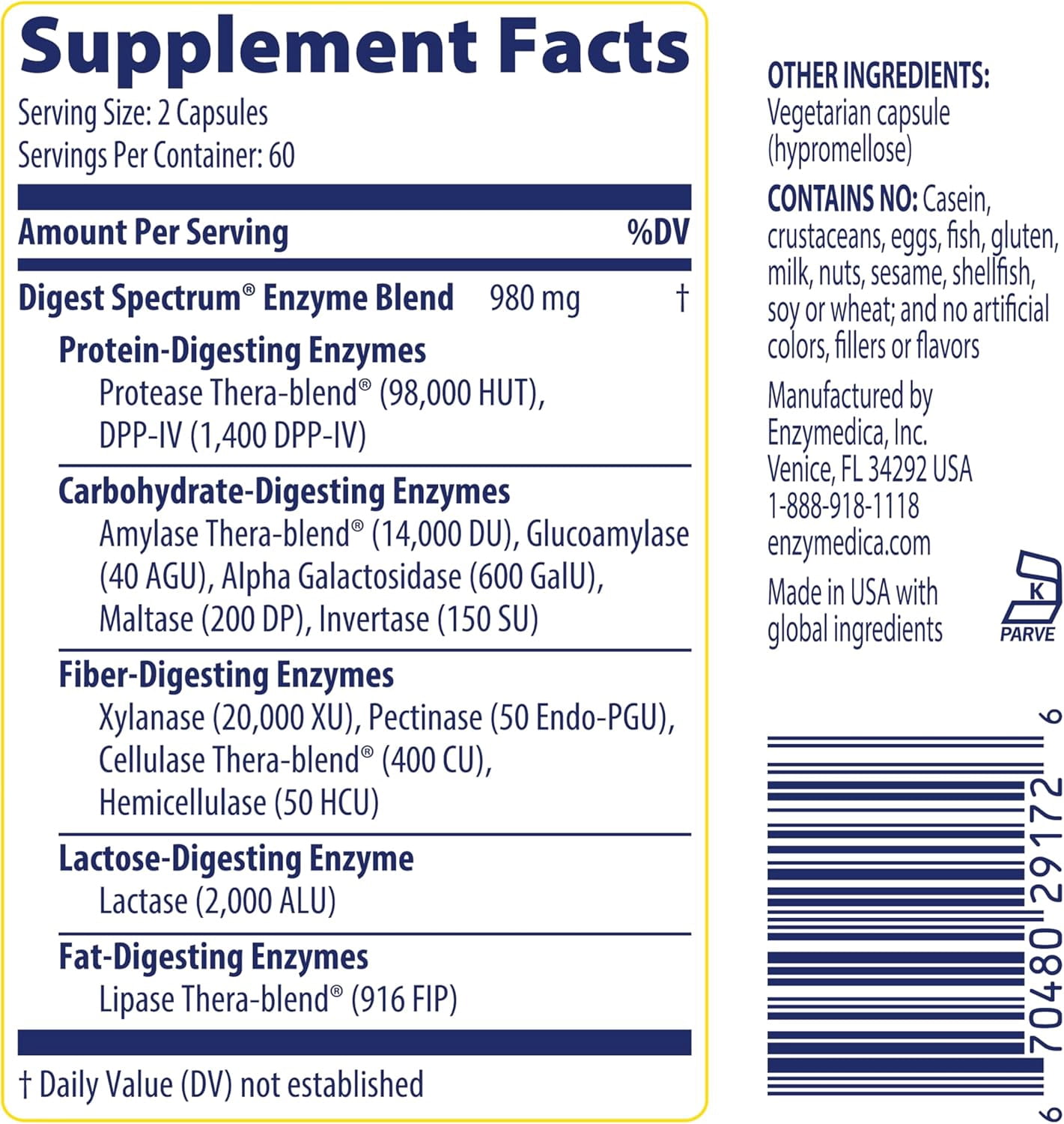 Enzymedica Digest Spectrum, Digestive Enzymes for Women & Men, Supports Gut Health, & Multiple Food Intolerances, Targets Gluten & Lactose. 120 Capsules