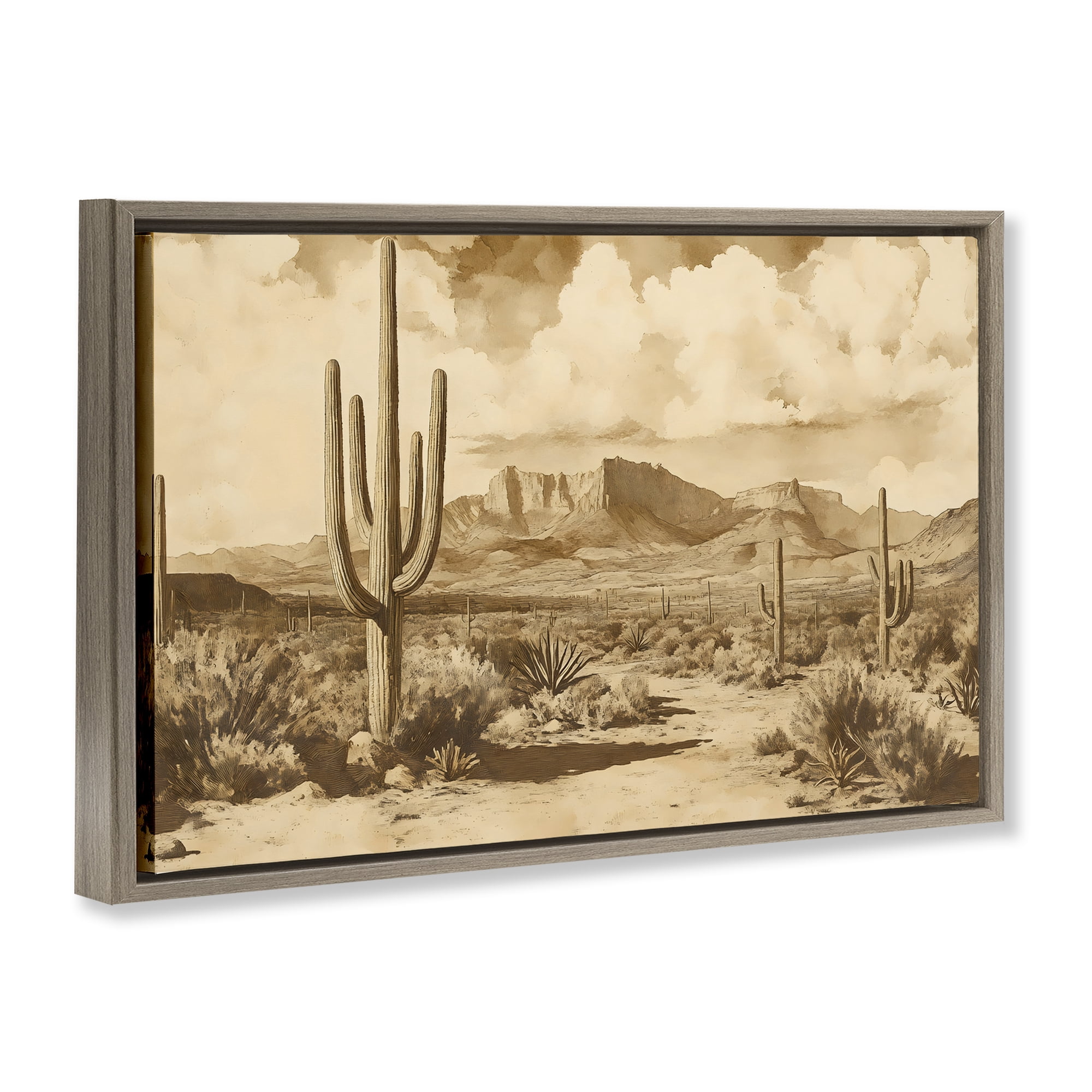 Stupell Industries Vintage Desert Peaks with Saguaro Brown Framed Floater Canvas Wall Art, design by Franklyn Gregory