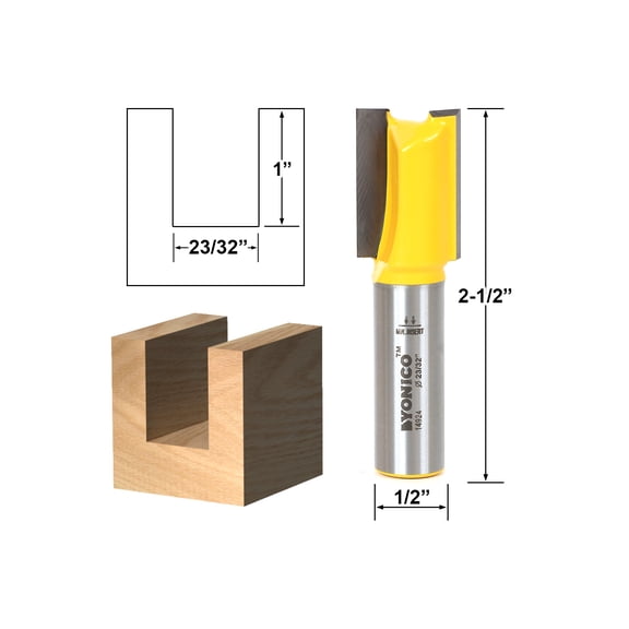 Yonico Undersized Plywood Straight Dado Router Bit - 23/32" Dia. X 1" Length - 1/2" Shank - 14924