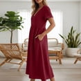 thumbnail image 5 of Kvture Women's Linen Midi Dress V Neck Button Front Short Sleeve Dress Loose Fit Casual Summer Dresses with Pockets Wine, 5 of 9